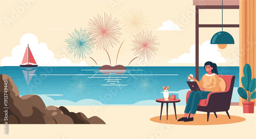 Woman working on laptop with dog by the sea during fireworks display