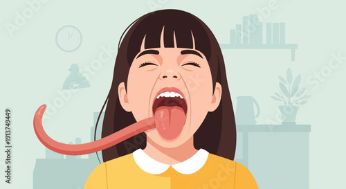 Young girl with wide open mouth and exaggeratedly long tongue