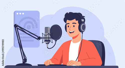 Young man with headphones speaks into microphone in studio