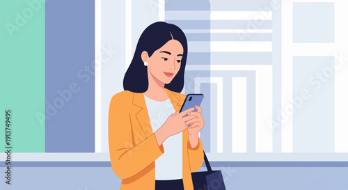 Woman in orange jacket looking at phone, city background