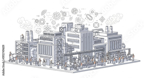 Hand drawn sketch of a busy industrial city with factories and smoke.