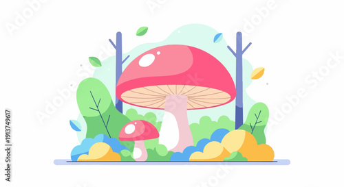 Whimsical forest scene with large red mushrooms and green foliage