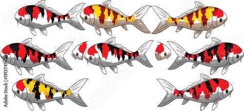 Japanese Koi Fish Vector Illustration Set with Traditional Orange Carp Irezumi Design Featuring Pink Lotus Flowers Water Waves and Black Line Art Stencils