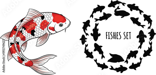 Japanese Nishikigoi Koi Carp Illustration Featuring Detailed Spotted Fish and Circular Silhouette Frame Wreath for Brand Identity and Logo Design