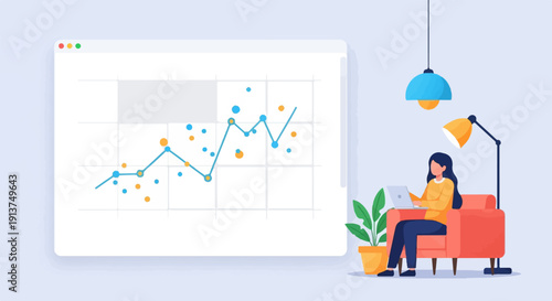 Woman working on laptop with graph analysis in a modern home setting