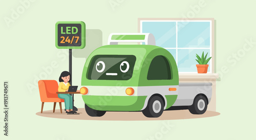 Woman works on laptop next to cute green autonomous vehicle and sign