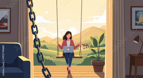 Woman works on laptop while on a swing on a porch with a scenic view