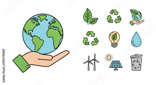 Hand holding planet earth with environmental icons.