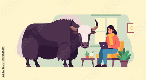 Woman works on laptop with a large yak standing nearby in a room