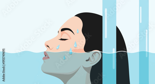 Woman's face emerges from blue water under a light blue background