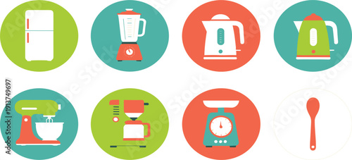 Kitchen Appliance Icon Set Featuring Refrigerator Blender Kettle Mixer Coffee Machine Scale and Spoon for Cooking Apps Websites and Smart Home Designs