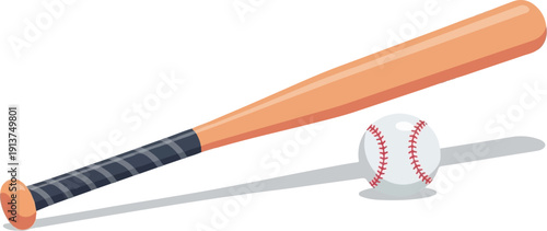 Wooden baseball bat and ball casting a shadow on a white background