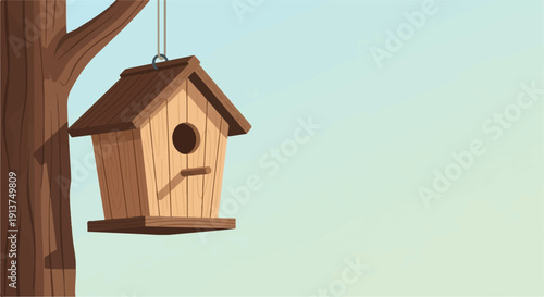 Wooden birdhouse hangs from a tree branch against a soft sky background