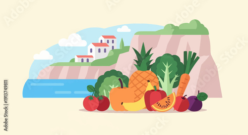 Wholesome harvest by the sea with Mediterranean village and colorful fruits