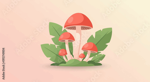 Whimsical red mushrooms surrounded by lush green leaves on a soft pink background