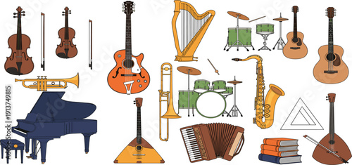 Large Musical Instrument Vector Set Featuring Grand Piano, Violin, Cello, Harp, Saxophone, Drums, Trumpet, Accordion, and Guitars for Education and Orchestra Designs