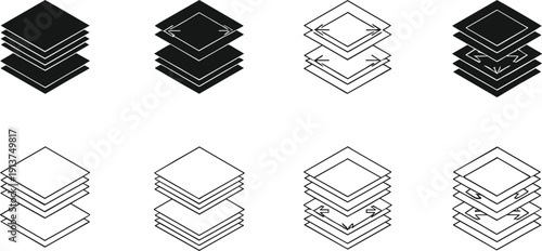 Layer Stack Icon Set with Editable Layers and File Organization Symbols for Graphic Design UI Development and Digital Workflow Illustration