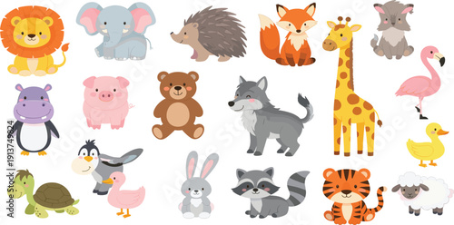 Large Set of Cute Baby Animals Vector Illustration Featuring Lion Elephant Fox Giraffe Bear Tiger and Raccoon for Children Nursery Decor and Sticker Designs