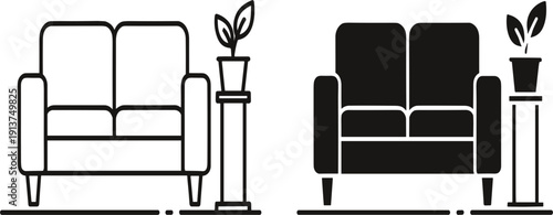 Living Room Sofa Icon Set with Indoor Plant in Outline and Solid Style for Home Interior Furniture Decor and Real Estate Design