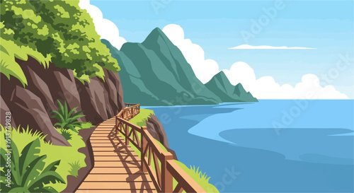 Wooden boardwalk along a cliff overlooking a blue sea and mountains
