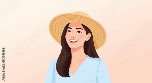 Woman in straw hat and blue shirt smiles joyfully