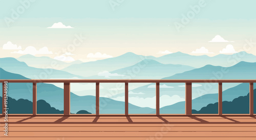 Wooden deck overlooks serene, layered blue mountain ranges under a pale sky