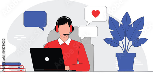 Modern Customer Support Agent Illustration with Headset and Laptop Featuring Speech Bubbles and Office Decor for Helpdesk, Online Assistance, and Telemarketing Services