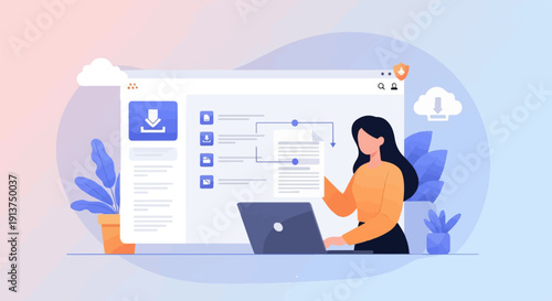 Woman interacting with a digital interface, downloading files, with plants and clouds