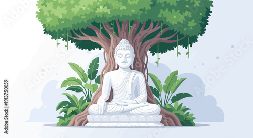 White Buddha statue meditating under a large tree with lush foliage