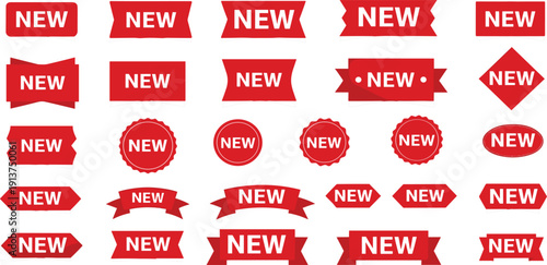 New Arrival Red Label Badge Ribbon and Sticker Collection with Modern Promotional Tags for Sale Marketing Retail and Ecommerce Design