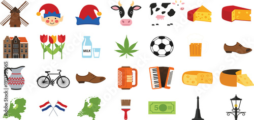 Netherlands Culture Icon Set with Dutch Symbols Including Windmill Tulips Cheese Bicycle Flag Cow Milk and Traditional Holland Travel Elements