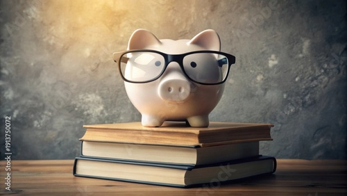 A piggy bank wearing spectacles sits atop a stack of books, symbolizing the importance of financial literacy and education for securing a prosperous future.