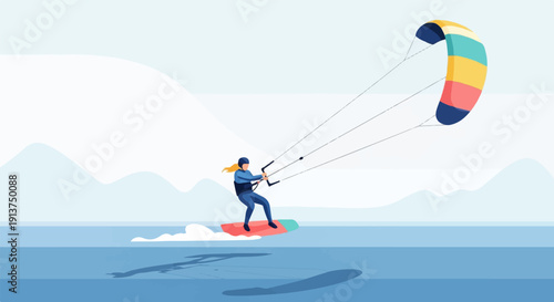 Woman kiteboarding on a calm sea with distant mountains