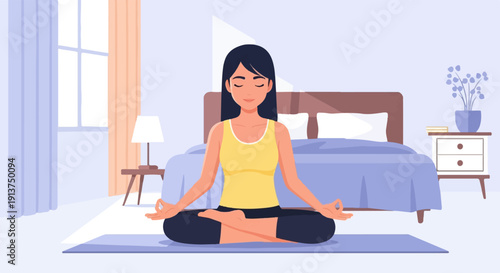 Woman meditating in lotus pose in a bedroom, calm and serene