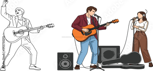 Professional Musician and Busker Illustration Set Featuring Solo Guitarists, Vocalist with Microphone, and Stage Equipment for Live Event Branding and Music Posters