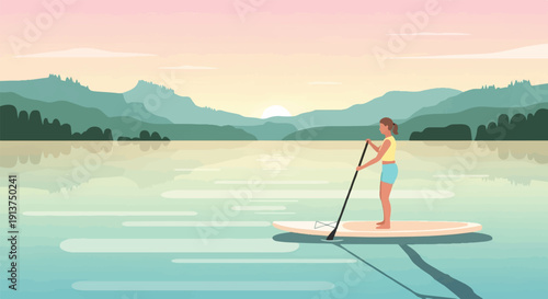 Woman paddleboarding on calm lake at sunset with mountains backdrop