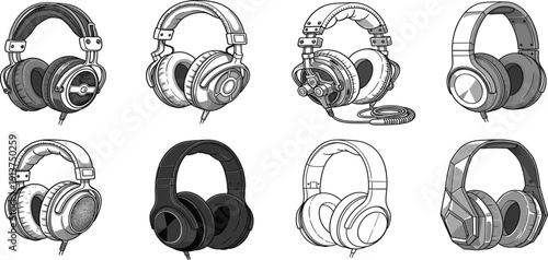 Professional Headphone Vector Icon Set Featuring Various Modern, Studio, and Gaming Audio Equipment Designs for Music Production, Podcasts, Djing, and Digital Media