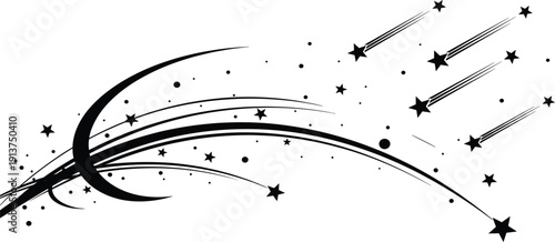 Shooting Stars and Crescent Moon Magical Night Sky Vector Illustration with Sparkles Cosmic Trails and Fantasy Space Elements for Design