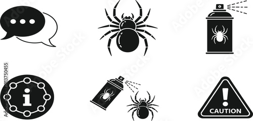 Spider Pest Control Icon Set with Warning Symbols Spray Can Infestation Signs Chat and Information Icons for Safety Design