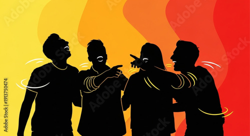 Group of friends laughing together in silhouette.
