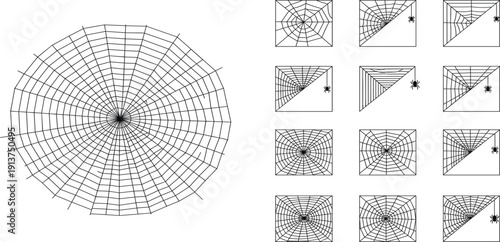 Spider Web Corner and Round Cobweb Icon Set with Hanging Spider for Halloween Decoration Horror Background and Spooky Design Elements