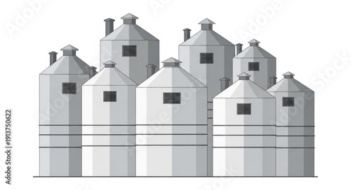 Group of industrial grain silos standing together in a row.