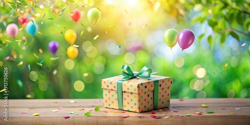 A cheerful gift presentation with colorful balloons and confetti, celebrating a joyous occasion on a wooden surface