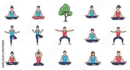 Group of people practicing yoga in various poses.