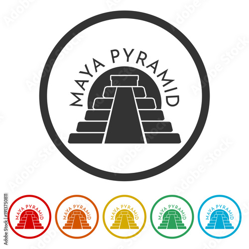 Maya pyramid icon. Set icons in color circle buttons