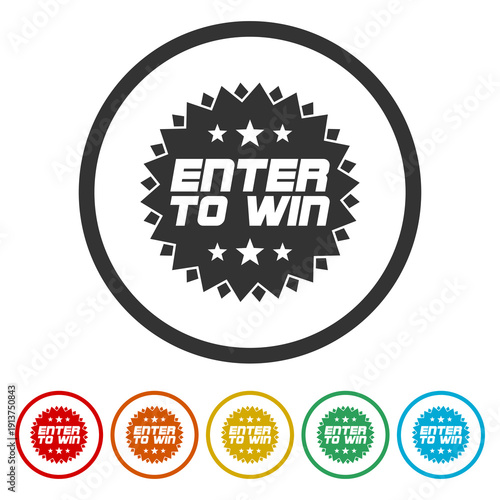 Stamp with text Enter to win icon. Set icons in color circle buttons