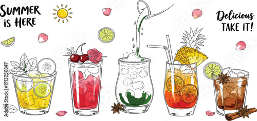 Tropical Summer Cocktail and Mocktail Vector Illustration Set with Pineapple, Cherry, Lime, and Mint Garnishes for Restaurant Menus and Seasonal Party Invitations