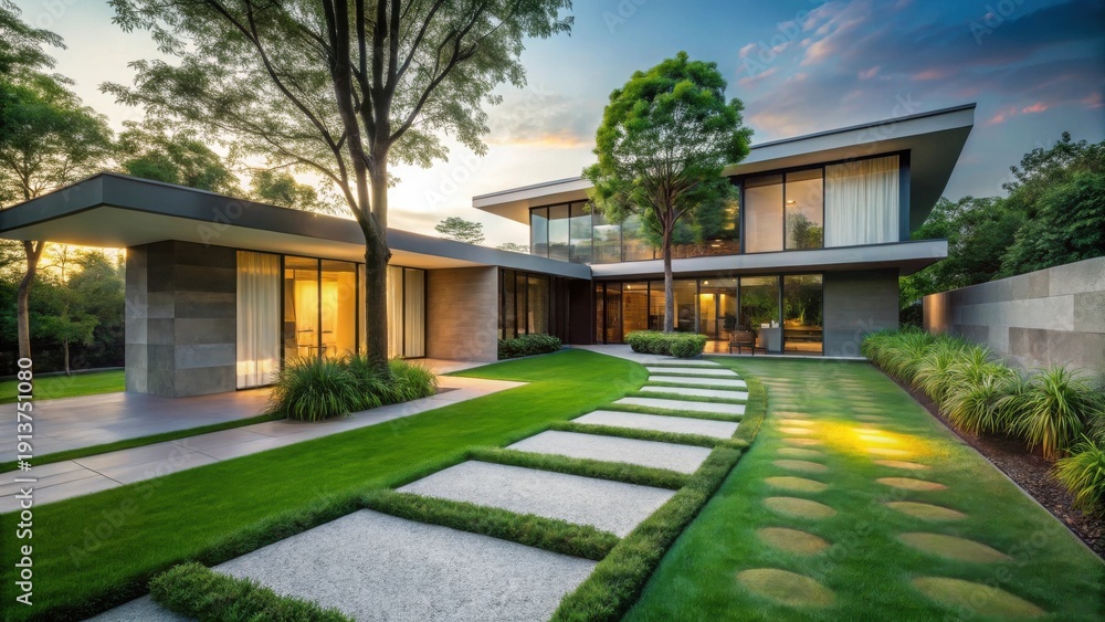 Fototapeta premium Modern architectural design showcasing a luxurious home with expansive windows, a meticulously landscaped lawn, and a paved pathway at twilight.