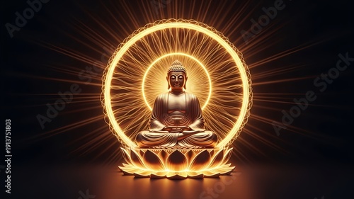 Golden Buddha Meditating on Lotus with Radiant Halo Rings, Spiritual Zen Meditation Illustration for Mindfulness, Enlightenment, Buddhism, Inner Peace, Yoga and Sacred Energy Background