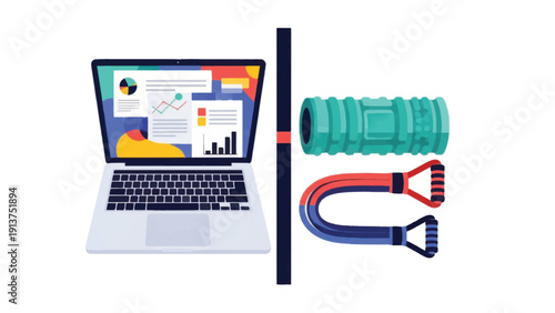 Laptop Computer with Fitness Equipment Nearby.